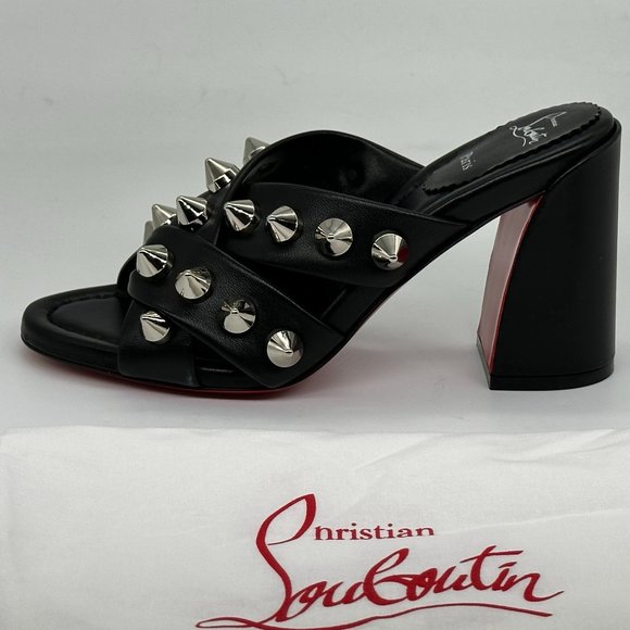 Christian Louboutin SPIKA CLUB Spiked Leather Mule Block Heel Sandals Shoes - Picture 2 of 14